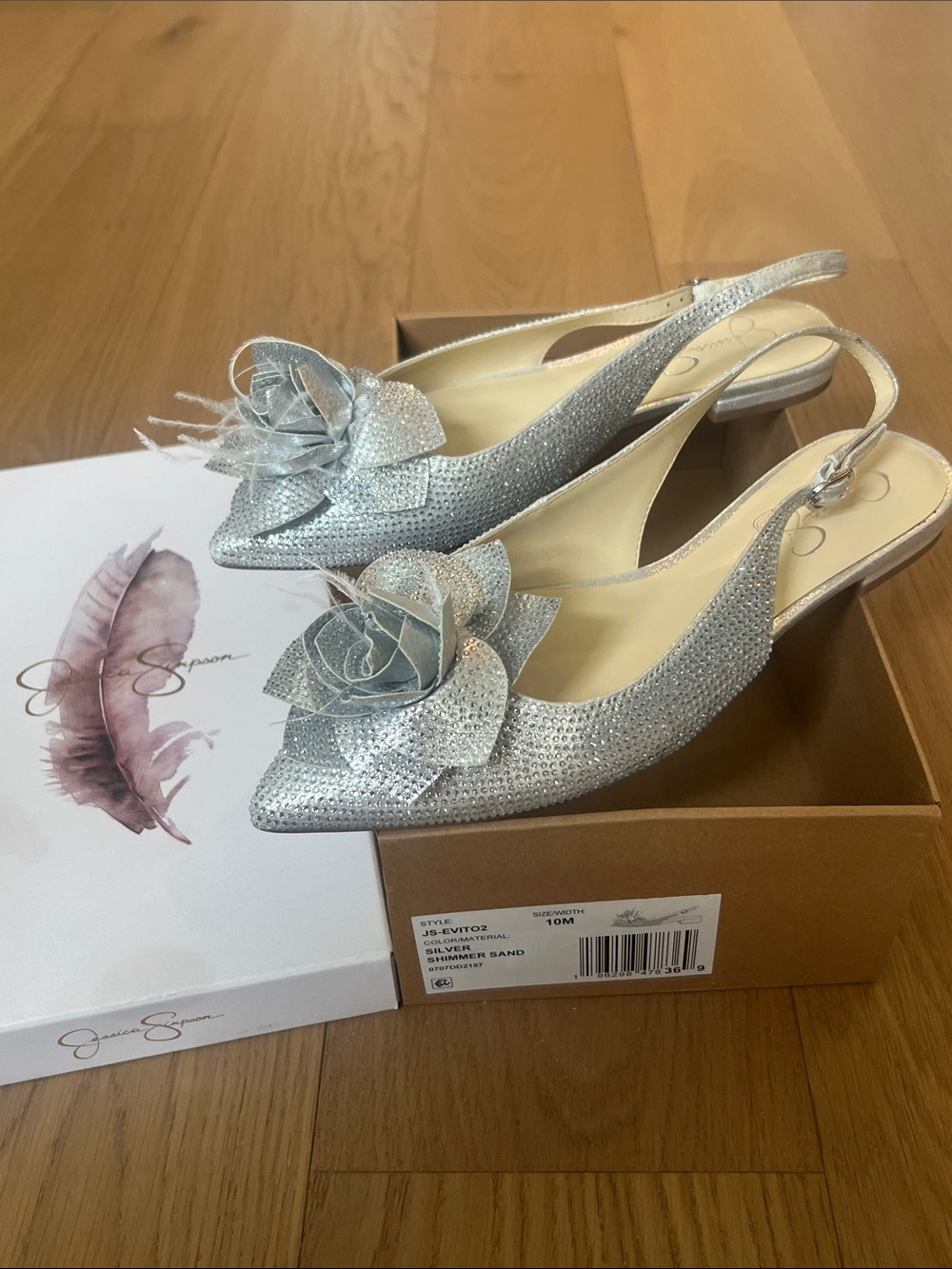 Jessica Simpson Silver Pointed-Toe Slingback Flats with Floral & FeatherApplique